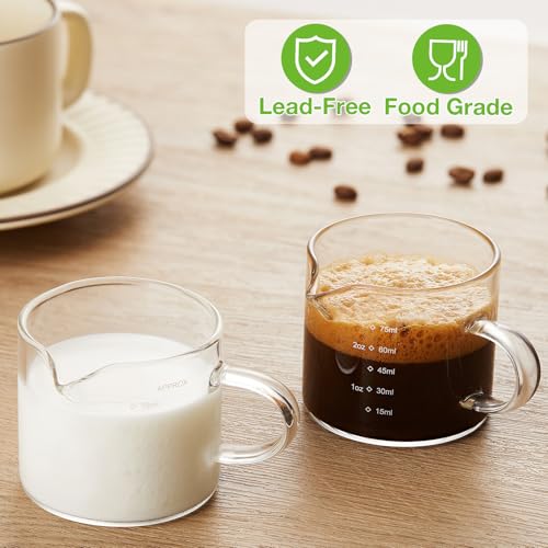 Mfacoy 2 Pack Measuring Cups, 75ML Espresso Cups with Handle, Espresso Shot Glasses with V-Shaped Mouth, Clear Accessories, Milk Frothing Pitcher - My Kitchen Products