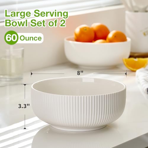 Mfacoy 2 Pack Salad Bowl, 8 inch 60 oz Large Serving Bowl Set, Deep Bowl for Kitchen, White Ceramic Bowl Set for Soup, Cereal, Ramen, Pasta, Salad, Dishwasher & Microwave Safe, Easy Clean - My Kitchen Products