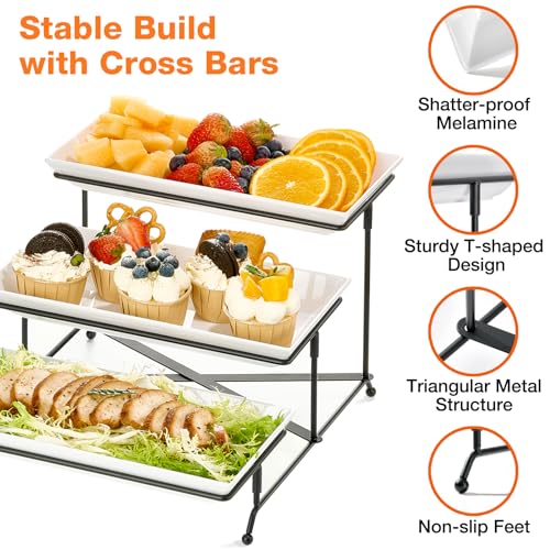 Mfacoy 3 Tier Serving Tray Set, 12" Tiered Serving Trays Platters, Reusable Serving Tray for Party, Collapsible Sturdier Stand with Stable Cross Bars, Serving Platters for Veggie, Fruit, Dessert - My Kitchen Products