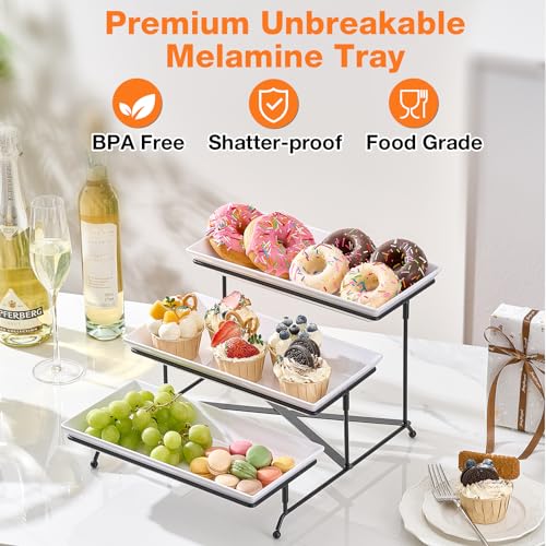 Mfacoy 3 Tier Serving Tray Set, 12" Tiered Serving Trays Platters, Reusable Serving Tray for Party, Collapsible Sturdier Stand with Stable Cross Bars, Serving Platters for Veggie, Fruit, Dessert - My Kitchen Products