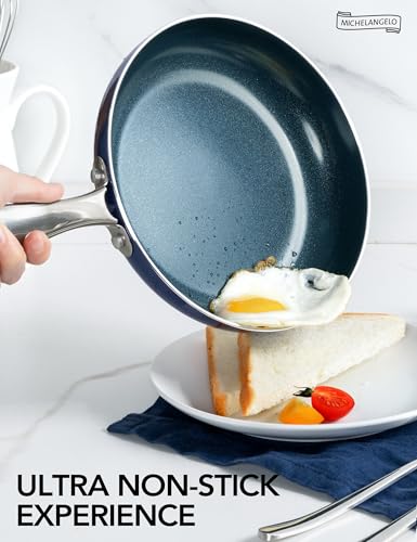 MICHELANGELO 10 Inch Frying Pan with Lid, Blue Frying Pan with Nonstick Diamond Infused Coating, Nonstick Frying Pans, Diamond Fry Pan Blue - My Kitchen Products