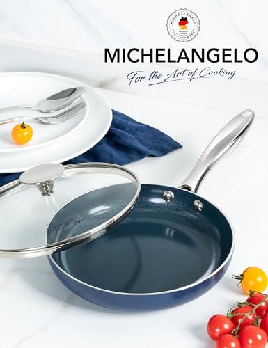 MICHELANGELO 10 Inch Frying Pan with Lid, Blue Frying Pan with Nonstick Diamond Infused Coating, Nonstick Frying Pans, Diamond Fry Pan Blue - My Kitchen Products