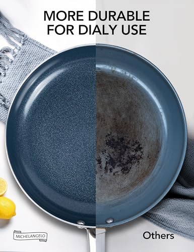 MICHELANGELO 10 Inch Frying Pan with Lid, Blue Frying Pan with Nonstick Diamond Infused Coating, Nonstick Frying Pans, Diamond Fry Pan Blue - My Kitchen Products
