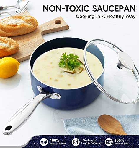 MICHELANGELO 3 Quart Saucepan with Lid, Nonstick Ceramic Sauce Pan with Stainless Steel Handle, 3 Qt Saucepan with Lid Induction Compatible, Oven Safe, Blue - My Kitchen Products