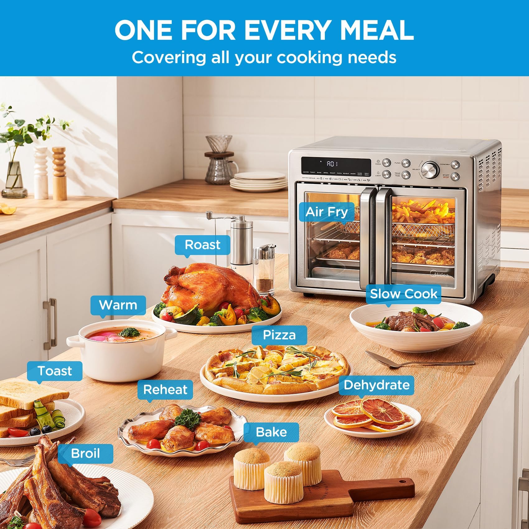 Midea Flexify Classic French Door Toaster Oven Air Fryer Combo, 10-in-1 Large Capacity 26.4 QT Countertop Oven, 25% Faster Cooking and 90% Less Oil, Stainless Steel - My Kitchen Products