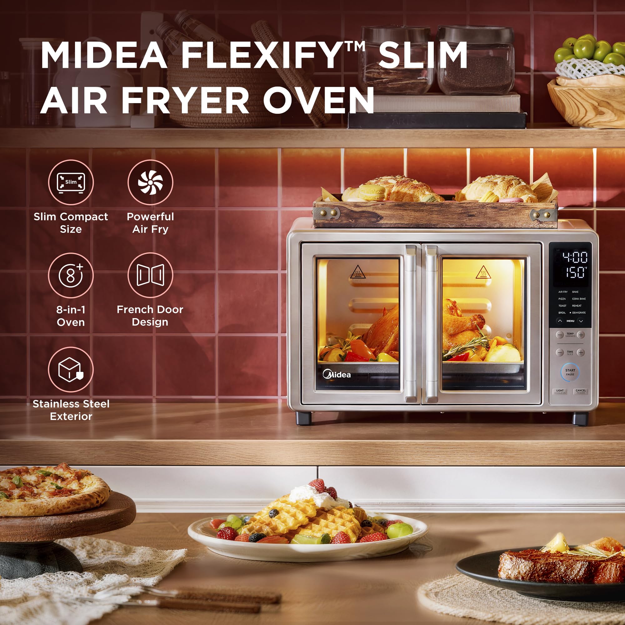 Midea Flexify Slim 8-in-1 French Door Toaster Oven Air Fryer Combo, Compact Countertop Oven with Infrared SpeedHeat, 25 Quart Capacity, Stainless Steel - My Kitchen Products