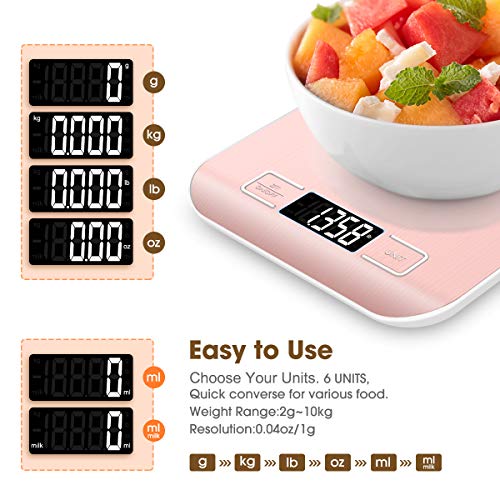 Mik-Nana Food Scale Pink, 10kg/22lb Digital Kitchen Scale Weight Grams and Oz for Baking and Cooking, 1g/0.1oz Precise Graduation, Easy Clean Stainless Steel - My Kitchen Products