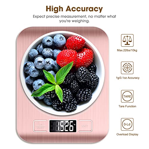 Mik-Nana Food Scale Pink, 10kg/22lb Digital Kitchen Scale Weight Grams and Oz for Baking and Cooking, 1g/0.1oz Precise Graduation, Easy Clean Stainless Steel - My Kitchen Products