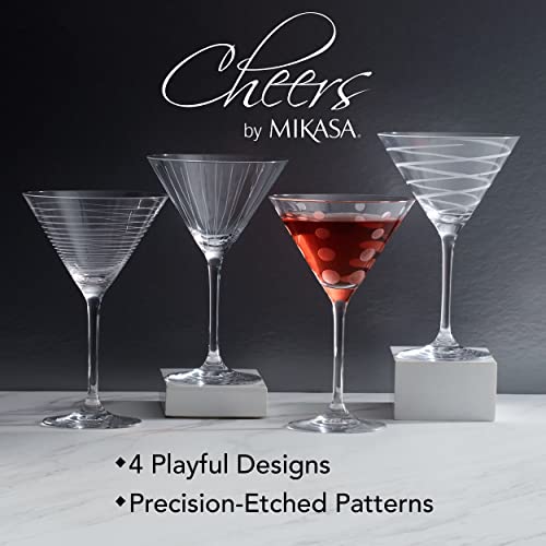 Mikasa Cheers 10-Ounce Martini Glasses, Fun Etched Designs, Durable Clear Glass Cocktail Glassware, Set of 4, Perfect for Entertaining and Gifting - My Kitchen Products