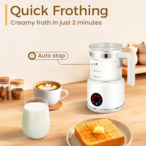 Milk Frother and Steamer, 6 in 1 Milk Steamer and Milk Warmer, 17oz Auto Shut Off Electric Frother with Touch Screen, Hot/Cold Foam Maker for Coffee, Latte, Cappuccino, Hot Chocolate,White - My Kitchen Products