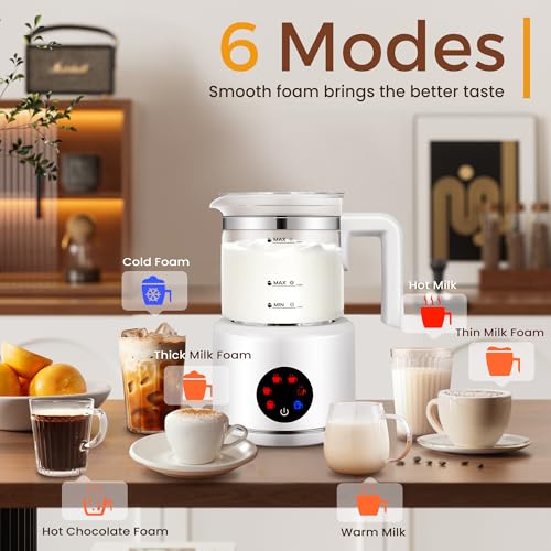 Milk Frother and Steamer, 6 in 1 Milk Steamer and Milk Warmer, 17oz Auto Shut Off Electric Frother with Touch Screen, Hot/Cold Foam Maker for Coffee, Latte, Cappuccino, Hot Chocolate,White - My Kitchen Products