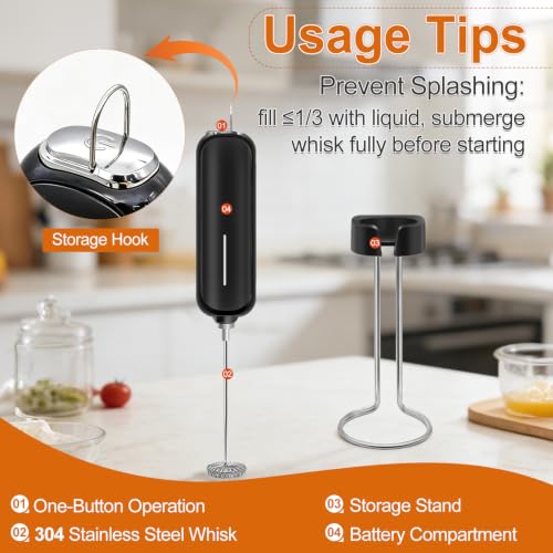 Milk Frother Handheld Battery Operated, Electric Whisk Foam Maker, Handheld Drink Mixer, Mini Frother Wand with Stainless Steel Whisk for Coffee, Cappuccinos, With Stand and Storage Hook - My Kitchen Products