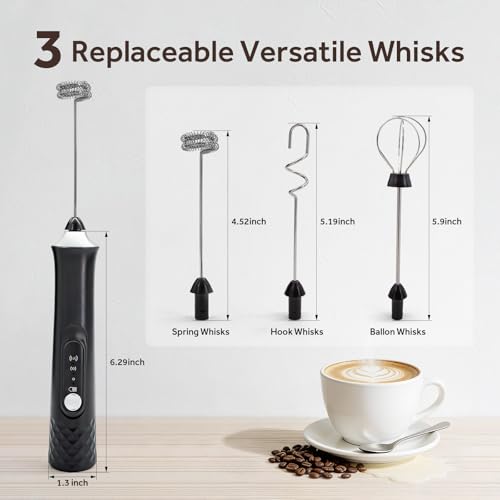 Milk Frother Handheld Rechargeable, Frother Wand Coffee Drink Mixer Electric Whisk 3 Speed Adjustable, Detachable with 3 Stainless Whisks, Hand Mixer for Lattes Cappuccino Hot Chocolate Matcha Egg - My Kitchen Products