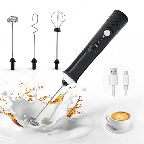 Milk Frother Handheld Rechargeable, Frother Wand Coffee Drink Mixer Electric Whisk 3 Speed Adjustable, Detachable with 3 Stainless Whisks, Hand Mixer for Lattes Cappuccino Hot Chocolate Matcha Egg - My Kitchen Products