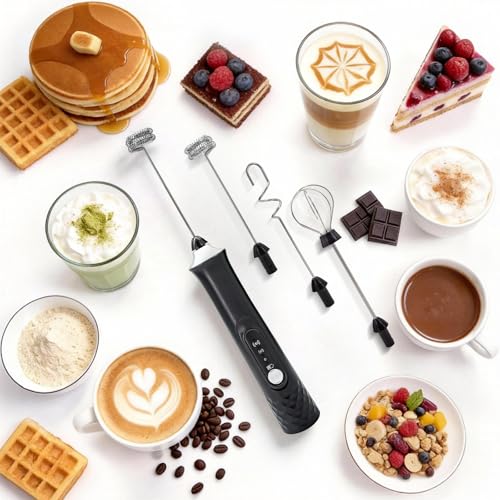 Milk Frother Handheld Rechargeable, Frother Wand Coffee Drink Mixer Electric Whisk 3 Speed Adjustable, Detachable with 3 Stainless Whisks, Hand Mixer for Lattes Cappuccino Hot Chocolate Matcha Egg - My Kitchen Products