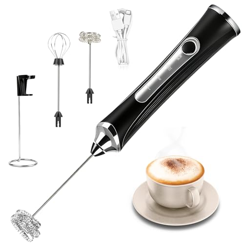 Milk Frother Handheld Rechargeable with Stand Frother Wand Foam Maker 3 Speed Adjustable Hand Mixer with Detachable Stainless 2 Whisks Electric Coffee Frother Stirrer For Latte, Cappuccino, Egg - My Kitchen Products