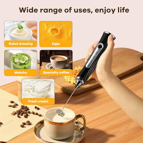 Milk Frother Handheld Rechargeable with Stand Frother Wand Foam Maker 3 Speed Adjustable Hand Mixer with Detachable Stainless 2 Whisks Electric Coffee Frother Stirrer For Latte, Cappuccino, Egg - My Kitchen Products