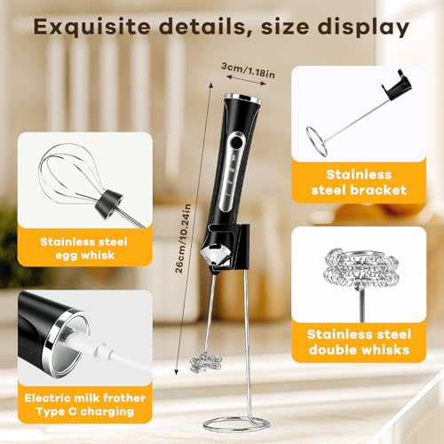 Milk Frother Handheld Rechargeable with Stand Frother Wand Foam Maker 3 Speed Adjustable Hand Mixer with Detachable Stainless 2 Whisks Electric Coffee Frother Stirrer For Latte, Cappuccino, Egg - My Kitchen Products
