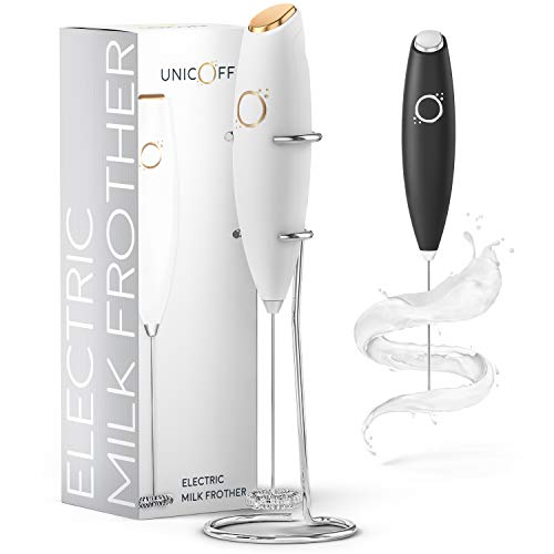Milk Frother White - Coffee Frother Handheld with Electric Whisk - 19000 rpm - Book Recipes and Stainless Steel Stand Included - Hand Mixer Electric (White and Gold) - My Kitchen Products