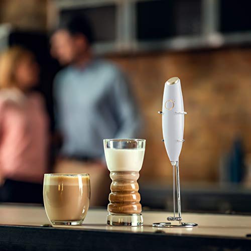 Milk Frother White - Coffee Frother Handheld with Electric Whisk - 19000 rpm - Book Recipes and Stainless Steel Stand Included - Hand Mixer Electric (White and Gold) - My Kitchen Products