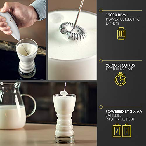 Milk Frother White - Coffee Frother Handheld with Electric Whisk - 19000 rpm - Book Recipes and Stainless Steel Stand Included - Hand Mixer Electric (White and Gold) - My Kitchen Products