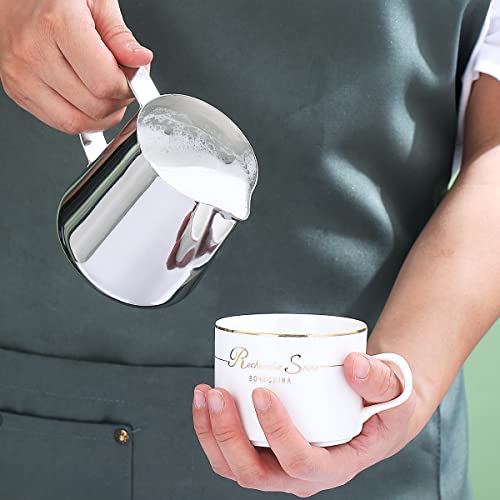 Milk Frothing Pitcher 12oz - 350ml, Kyraton Stainless Steel Espresso Steaming Pitchers with Decorating Pen,Milk Coffee Frother Cups Cappuccino Latte Art Barista Steam Pitchers Milk Jug Cup (Silver) - My Kitchen Products