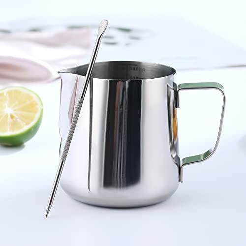 Milk Frothing Pitcher 12oz - 350ml, Kyraton Stainless Steel Espresso Steaming Pitchers with Decorating Pen,Milk Coffee Frother Cups Cappuccino Latte Art Barista Steam Pitchers Milk Jug Cup (Silver) - My Kitchen Products