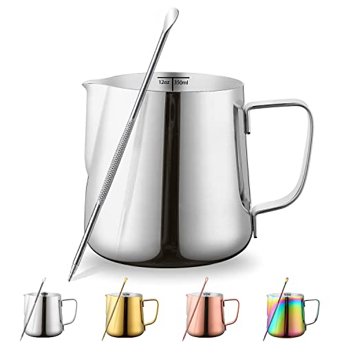 Milk Frothing Pitcher 12oz - 350ml, Kyraton Stainless Steel Espresso Steaming Pitchers with Decorating Pen,Milk Coffee Frother Cups Cappuccino Latte Art Barista Steam Pitchers Milk Jug Cup (Silver) - My Kitchen Products