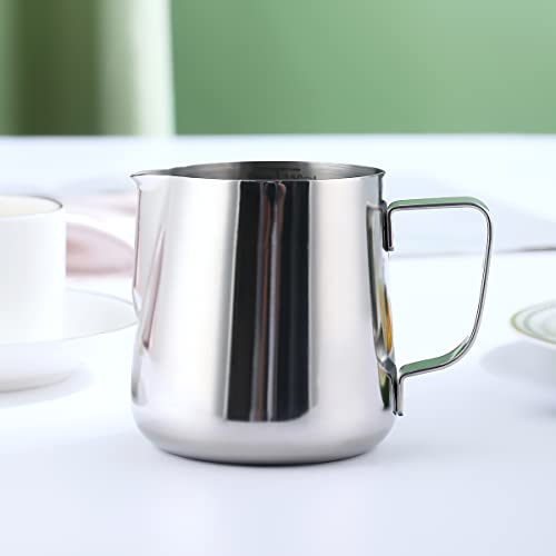 Milk Frothing Pitcher 12oz - 350ml, Kyraton Stainless Steel Espresso Steaming Pitchers with Decorating Pen,Milk Coffee Frother Cups Cappuccino Latte Art Barista Steam Pitchers Milk Jug Cup (Silver) - My Kitchen Products