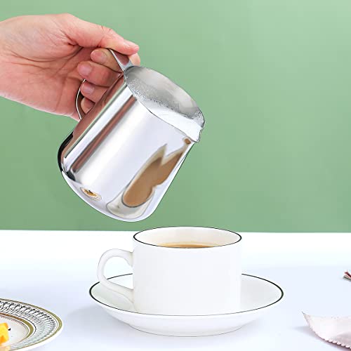 Milk Frothing Pitcher 12oz - 350ml, Kyraton Stainless Steel Espresso Steaming Pitchers with Decorating Pen,Milk Coffee Frother Cups Cappuccino Latte Art Barista Steam Pitchers Milk Jug Cup (Silver) - My Kitchen Products