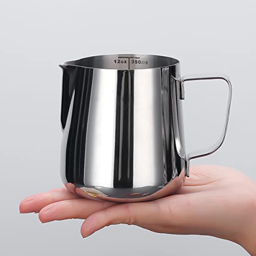 Milk Frothing Pitcher 12oz - 350ml, Kyraton Stainless Steel Espresso Steaming Pitchers with Decorating Pen,Milk Coffee Frother Cups Cappuccino Latte Art Barista Steam Pitchers Milk Jug Cup (Silver) - My Kitchen Products