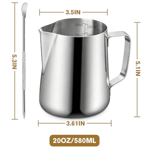 Milk Frothing Pitcher, 600ml (20oz) Milk Frother Cup Stainless Steel Jug Steaming Pitcher, Milk Coffee Cappuccino Latte Art Barista Steam Pitchers Milk Jug Cup with Decorating Pen - My Kitchen Products