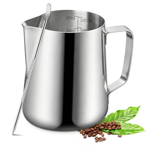 Milk Frothing Pitcher, 600ml (20oz) Milk Frother Cup Stainless Steel Jug Steaming Pitcher, Milk Coffee Cappuccino Latte Art Barista Steam Pitchers Milk Jug Cup with Decorating Pen - My Kitchen Products
