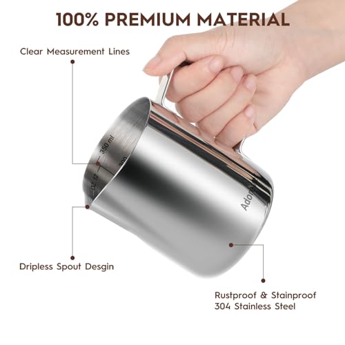Milk Frothing Pitcher, 8.5oz/12oz/20oz/32oz/50oz/66oz Milk Frother Cup Stainless Steel, Espresso Accessories, Milk Steaming Pitchers Coffee Cappuccino Latte Art Barista Milk Jug Cup with Art Pen,12oz - My Kitchen Products