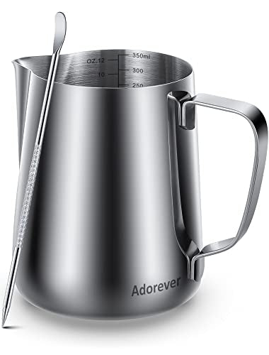 Milk Frothing Pitcher, 8.5oz/12oz/20oz/32oz/50oz/66oz Milk Frother Cup Stainless Steel, Espresso Accessories, Milk Steaming Pitchers Coffee Cappuccino Latte Art Barista Milk Jug Cup with Art Pen,12oz - My Kitchen Products
