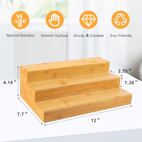 MillTu Bamboo Spice Rack Organizer for Cabinet 2 Pack - 3 Tier Countertop Step Shelf, Seasoning Storage Stand for Kitchen Pantry, Spice Holder for Jars Bottles Cans (Natural) - My Kitchen Products