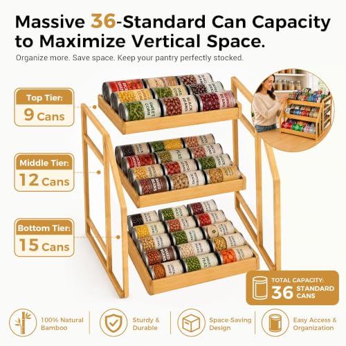 MinBoo 3-Tier Bamboo Can Organizer for Pantry - Holds 36 Cans (9/12/15) - Stackable Canned Food Dispenser with Adjustable Dividers - Gravity-Fed Rolling Storage Rack for Kitchen Cabinets - My Kitchen Products