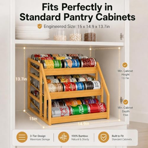 MinBoo 3-Tier Bamboo Can Organizer for Pantry - Holds 36 Cans (9/12/15) - Stackable Canned Food Dispenser with Adjustable Dividers - Gravity-Fed Rolling Storage Rack for Kitchen Cabinets - My Kitchen Products