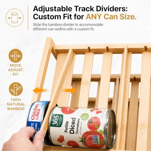 MinBoo 3-Tier Bamboo Can Organizer for Pantry - Holds 36 Cans (9/12/15) - Stackable Canned Food Dispenser with Adjustable Dividers - Gravity-Fed Rolling Storage Rack for Kitchen Cabinets - My Kitchen Products