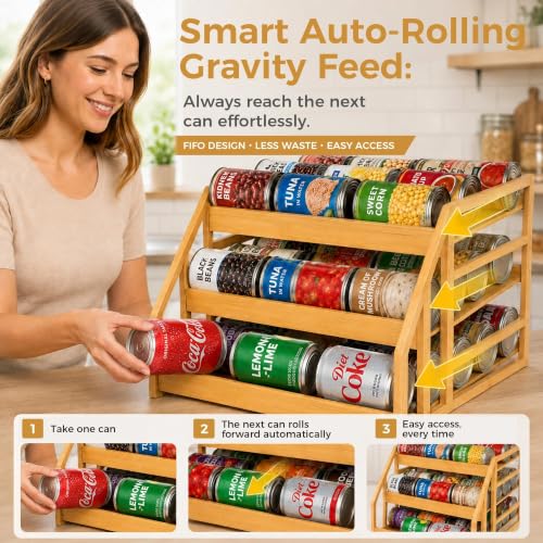 MinBoo 3-Tier Bamboo Can Organizer for Pantry - Holds 36 Cans (9/12/15) - Stackable Canned Food Dispenser with Adjustable Dividers - Gravity-Fed Rolling Storage Rack for Kitchen Cabinets - My Kitchen Products