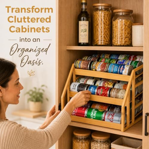 MinBoo 3-Tier Bamboo Can Organizer for Pantry - Holds 36 Cans (9/12/15) - Stackable Canned Food Dispenser with Adjustable Dividers - Gravity-Fed Rolling Storage Rack for Kitchen Cabinets - My Kitchen Products