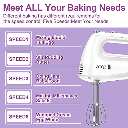 Mini Angel Hand Mixer, 400W Portable Kitchen Handheld Mixer with Eject Button, 5 Speed & 5 Stainless Steel Accessories, Egg Beaters and Whisk for Easy Whipping Cake, Cream, Batters, Cookies - My Kitchen Products