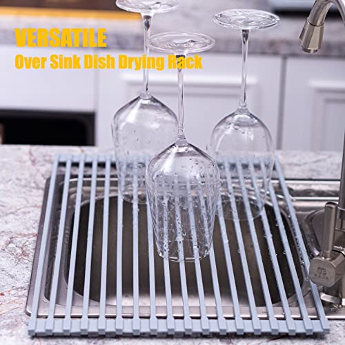 Mistifi Silicone-Coated Stainless Steel Over The Sink Multipurpose Roll-Up Dish Drying Rack, 20.8"X13.2", Heat Resistant Non Slip Dish Draining Rack BPA Free Dishwasher Safe (L, Gray) - My Kitchen Products