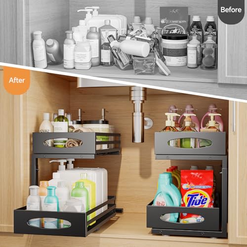 mixeshop Under Sink Organizer, 2 Tier Under Sink Organizers and Storage, Adjustable Height, Slide out Metal Cabinet Organizers, Pull out Cabinet Storage Drawer Shelf for Kitchen Bathroom (Black, 2) - My Kitchen Products