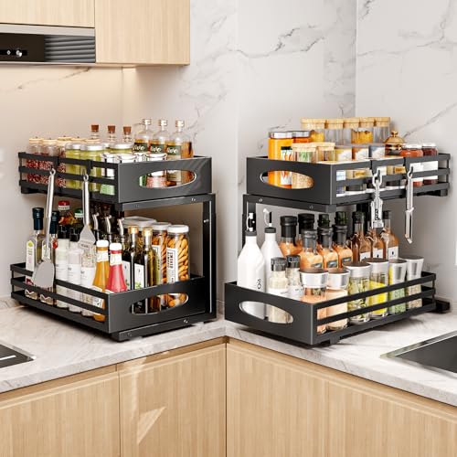 mixeshop Under Sink Organizer, 2 Tier Under Sink Organizers and Storage, Adjustable Height, Slide out Metal Cabinet Organizers, Pull out Cabinet Storage Drawer Shelf for Kitchen Bathroom (Black, 2) - My Kitchen Products