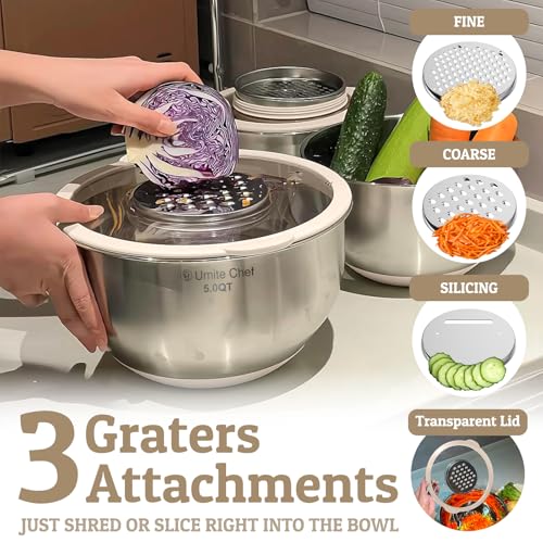 Mixing Bowles Set with Lids Set - Warp-Proof TPR-AS Lids, Stainless Steel Mixing Bowl with 3 Graters & Measuring Lines, Non-Slip Bowls for Baking, Prep, Airtight Food Storage (Khaki 5/3/2/1.5/0.63QT) - My Kitchen Products