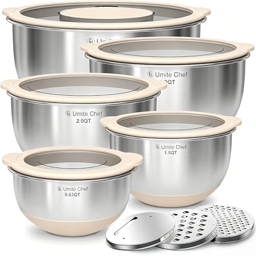Mixing Bowles Set with Lids Set - Warp-Proof TPR-AS Lids, Stainless Steel Mixing Bowl with 3 Graters & Measuring Lines, Non-Slip Bowls for Baking, Prep, Airtight Food Storage (Khaki 5/3/2/1.5/0.63QT) - My Kitchen Products