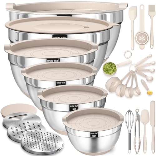 Mixing Bowls with Airtight Lids Set, 26PCS Stainless Steel Khaki Bowls with Grater Attachments, Non-Slip Bottoms & Kitchen Gadgets Set, Size 7, 4, 2.5, 2.0,1.5, 1QT, Great for Mixing & Serving - My Kitchen Products