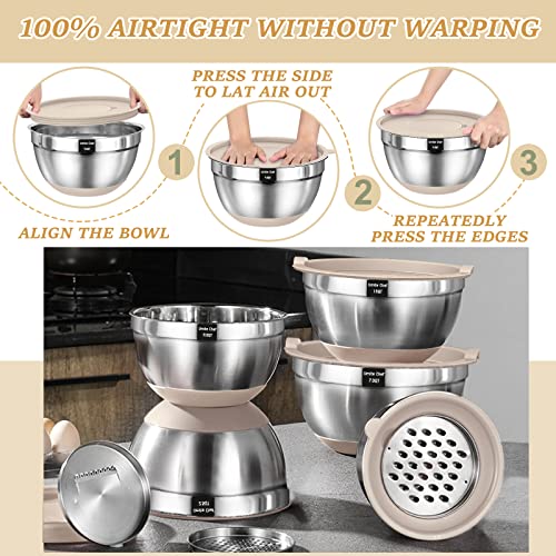Mixing Bowls with Airtight Lids Set, 26PCS Stainless Steel Khaki Bowls with Grater Attachments, Non-Slip Bottoms & Kitchen Gadgets Set, Size 7, 4, 2.5, 2.0,1.5, 1QT, Great for Mixing & Serving - My Kitchen Products
