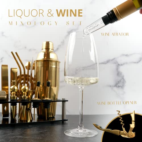 Mixology Bartender Kit – 24 Piece Gold Cocktail Shaker Set w/Stand – Essential Home Bar Accessories Martini Shaker, Jigger, Muddler, Chilling Cubes & More - My Kitchen Products